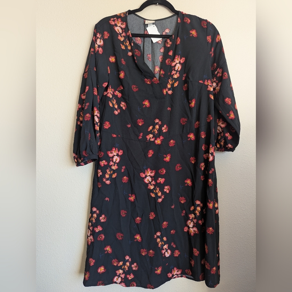 A New Day Black and Red Bishop Sleeve Floral Dress Size M